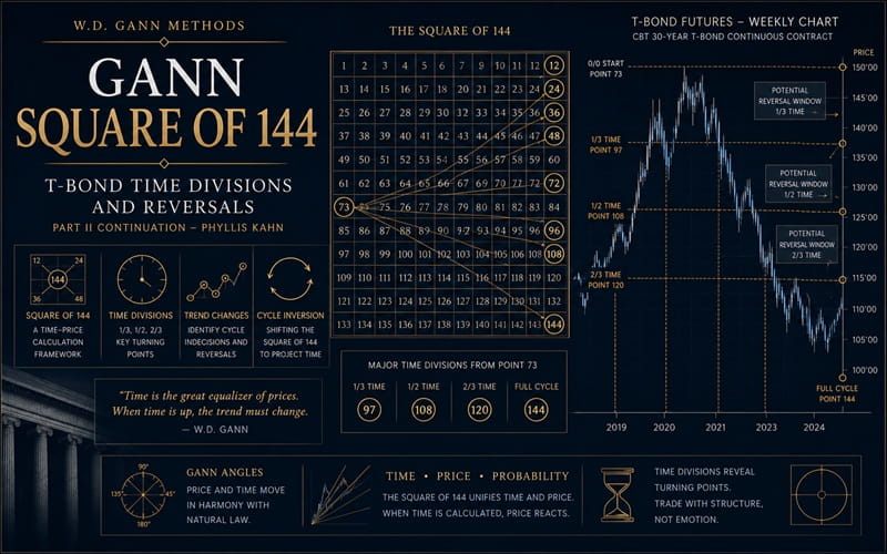 Gann Square of 144 T-Bond Time Divisions and Reversals